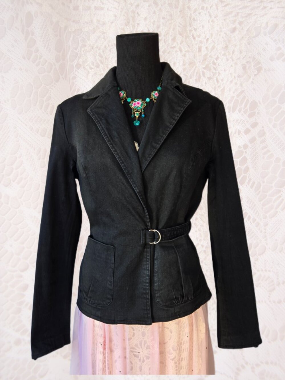Newport News Faded Charcoal Black Tie Waist Blazer Jacket Y2k-Style Office Class